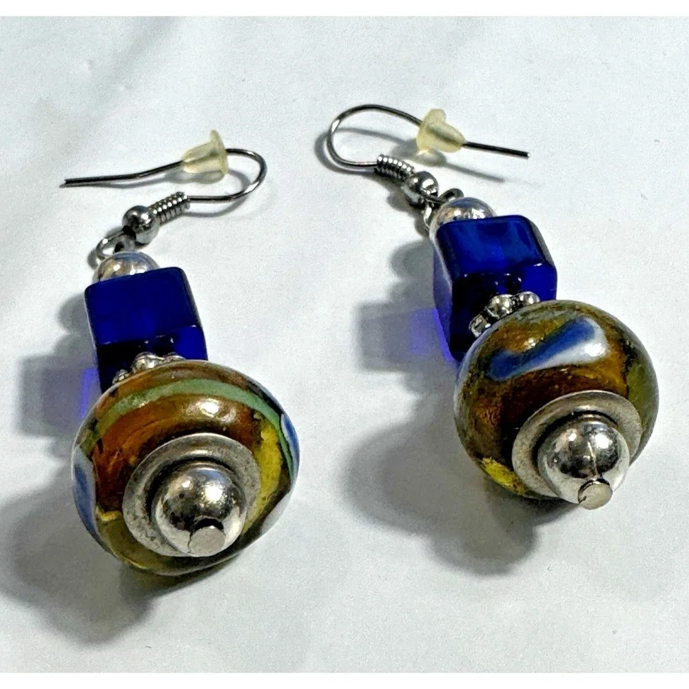 Artisan Lampwork Glass Drop Earrings Blue Gold Swirl Cube Bead Boho Dangle 2 In